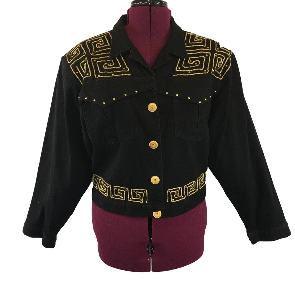David David Vintage Denim Jeans Gold Trim Black 1980’s Style Short Jacket Coat - Picture 6 of 12